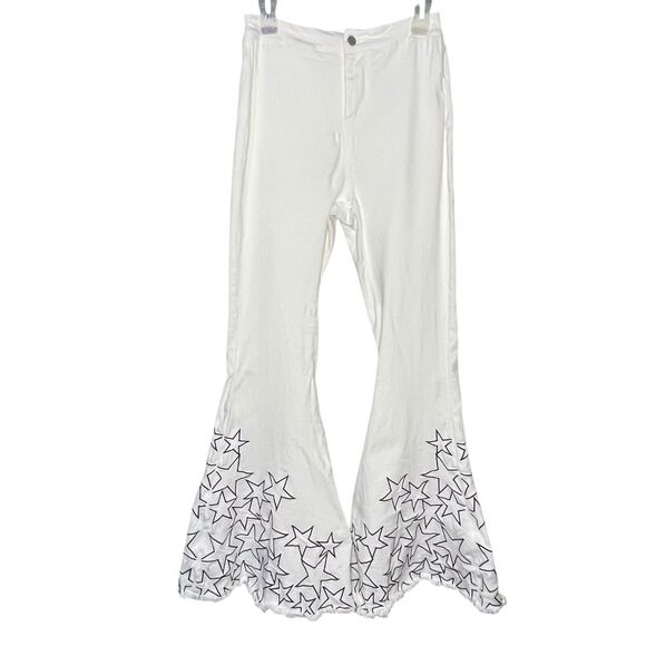 Peach Love California Star Embroidered White Flare Bell Bottom Jeans Size Large - Picture 10 of 11
